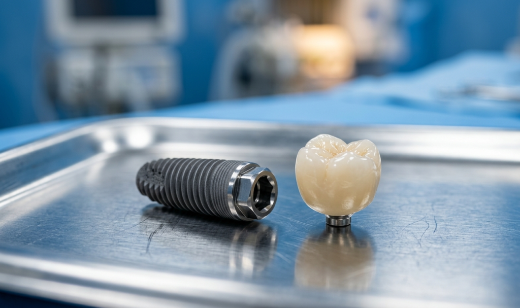 A close-up of a titanium dental implant used as a permanent alternative to traditional dentures