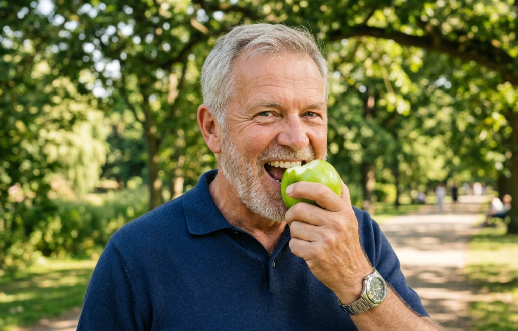 A confident older adult eating an apple, highlighting the lifestyle benefits of choosing dental implants vs dentures