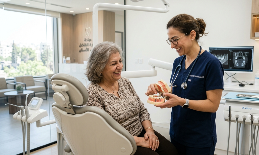 A dentist explaining the medical differences between dental implants vs dentures to a patient.