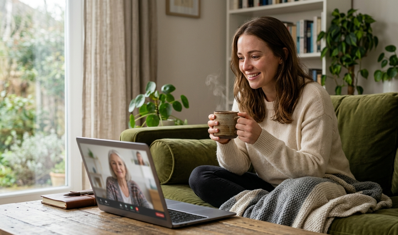 A person experiencing relief during a video call on one of the best online therapy platforms