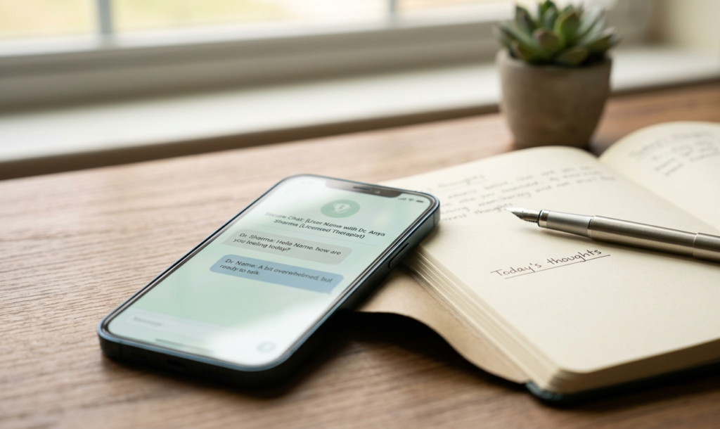 A smartphone displaying a secure counseling app, comparing reviews and pricing for therapy
