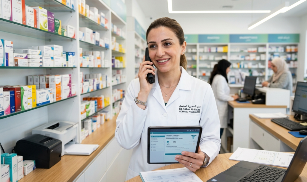 A licensed pharmacist providing consultation for patients learning how to get prescription medications online
