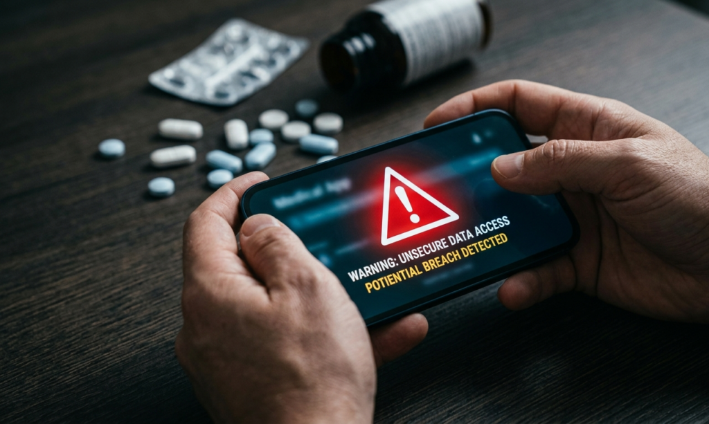 A warning sign on a smartphone representing the hidden dangers of buying prescription drugs from illegal online pharmacies