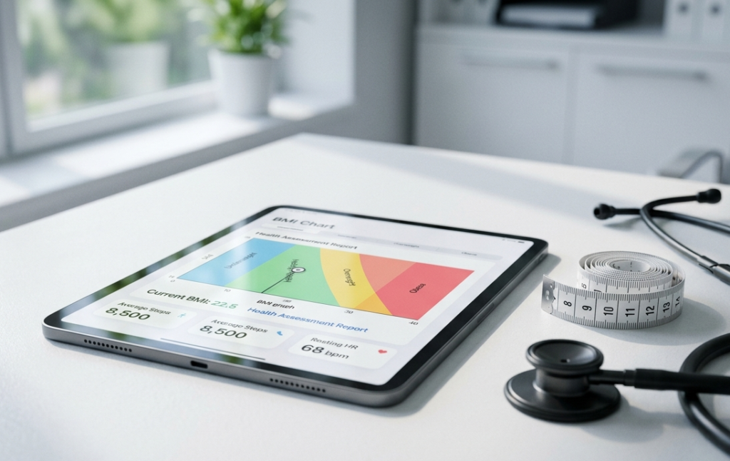 ​A medical tablet displaying a clinical BMI calculator and weight management chart next to a stethoscope.