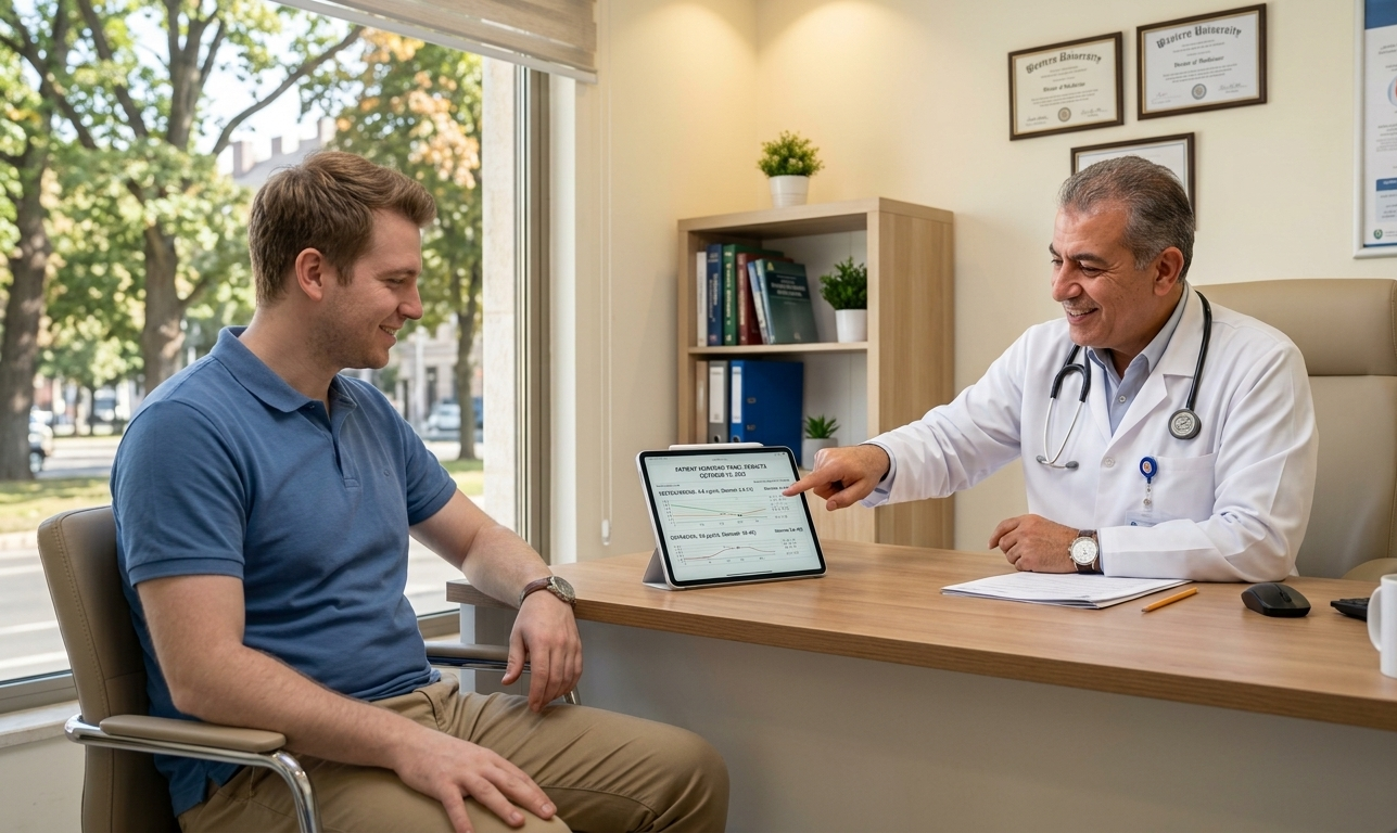 A male doctor discussing testosterone replacement therapy and hormone levels with a patient in a medical clinic.