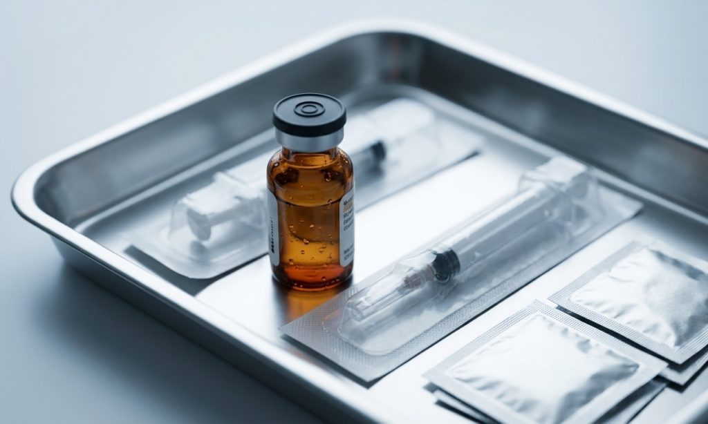 Testosterone replacement therapy injection supplies including a medical vial, sterile syringe, and alcohol pads.