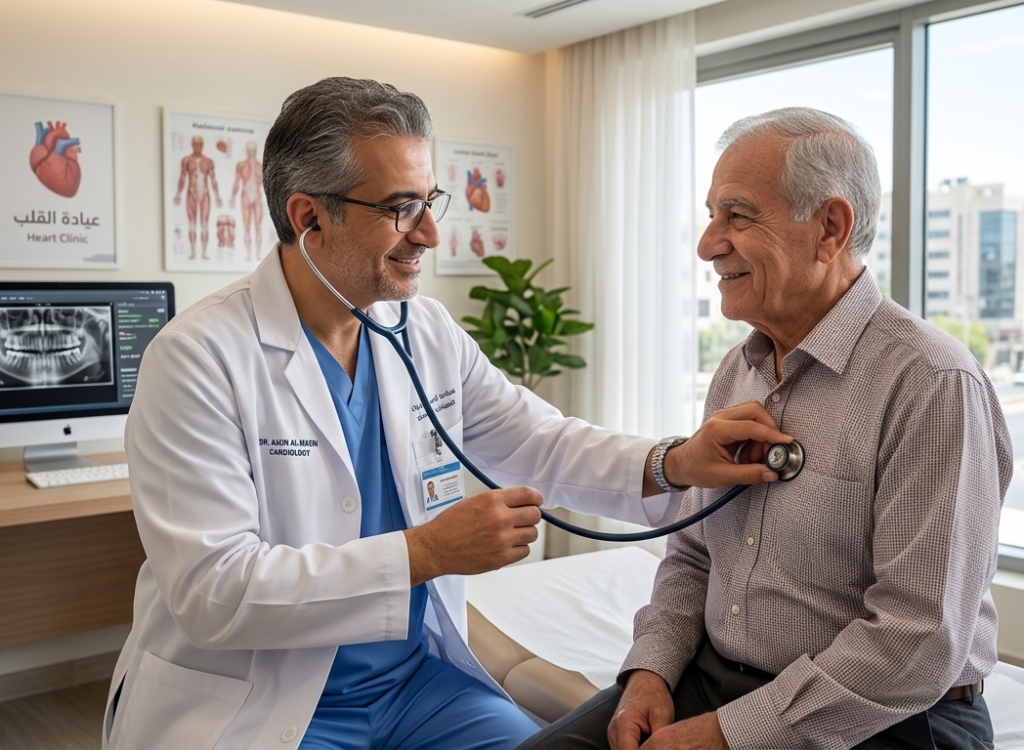 A cardiologist using a stethoscope to examine an elderly patient for signs of congestive heart failure in a medical clinic