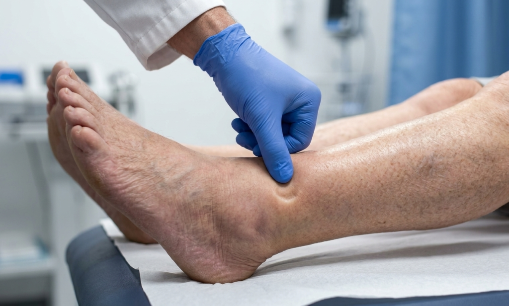 A doctor pressing a gloved finger into a patient's swollen ankle to check for pitting peripheral edema caused by heart failure