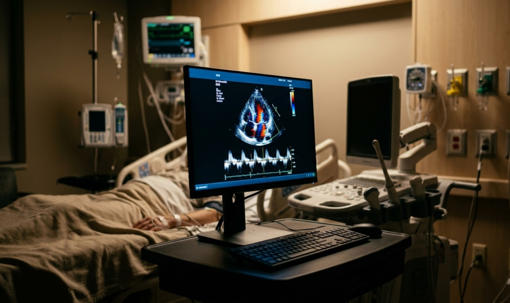 A computer monitor displaying an echocardiogram ultrasound used to measure the heart's ejection fraction and diagnose CHF