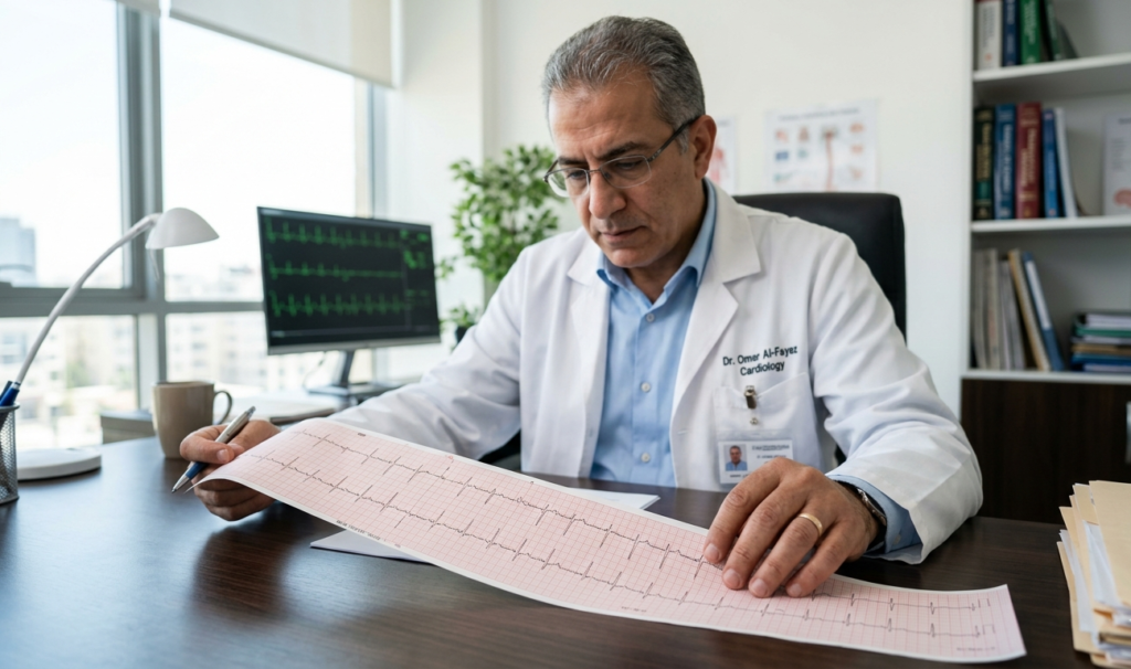 A medical professional carefully analyzing an Electrocardiogram (ECG) to diagnose a silent myocardial infarction