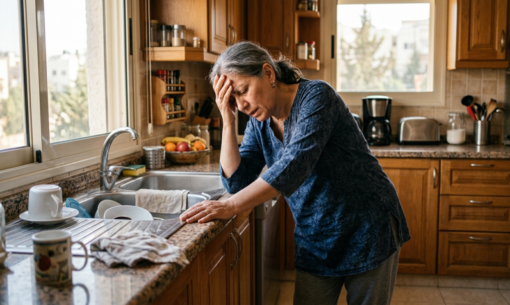 A middle-aged woman experiencing extreme, unexplained fatigue and dizziness, which are common atypical symptoms of a silent heart attack in females
