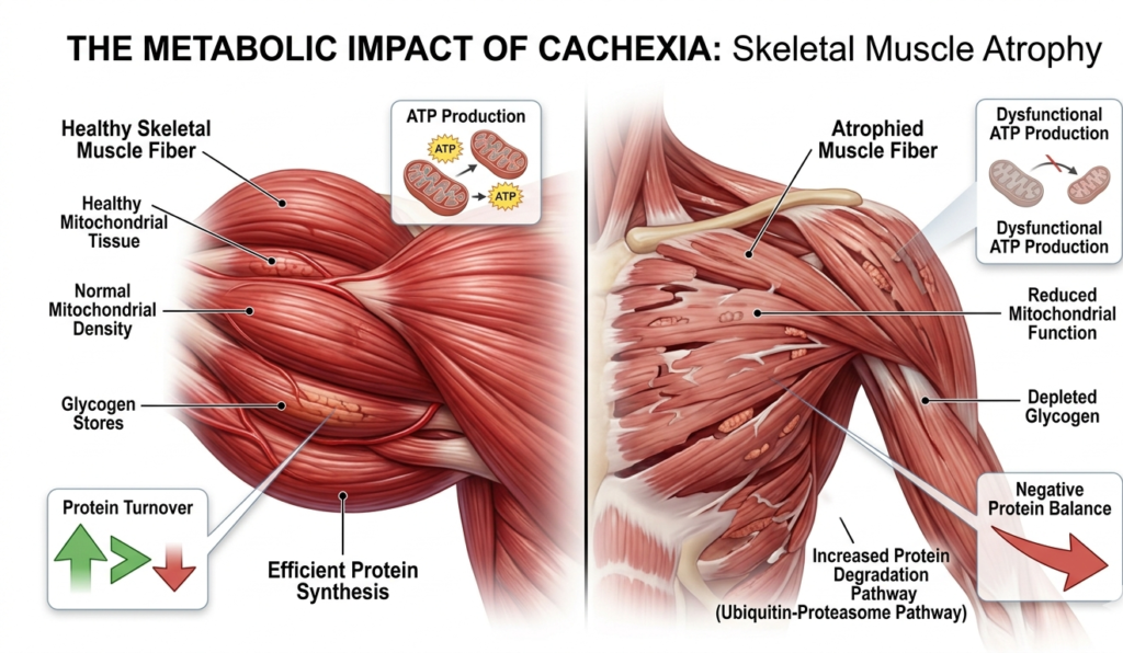 A 3D medical illustration comparing healthy skeletal muscle to muscle wasting caused by cancer cachexia
