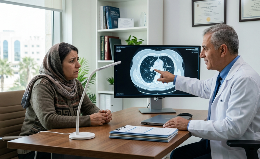 An oncologist explaining a CT scan to a patient during a medical evaluation for unexplained weight loss