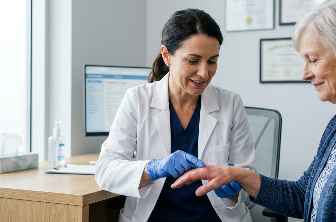 A rheumatologist examining hand joints to diagnose the clinical differences between rheumatoid arthritis vs osteoarthritis.
