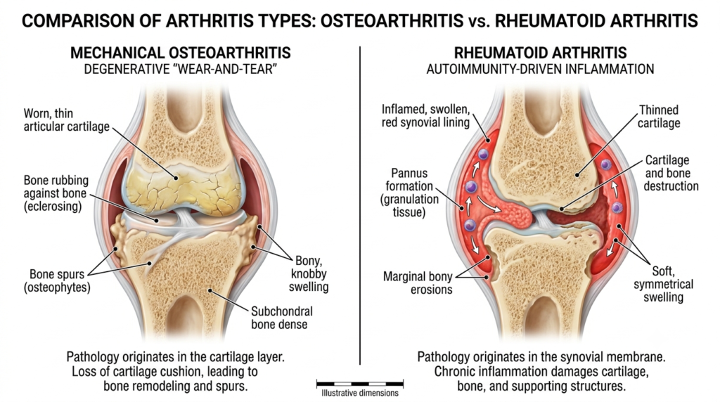A medical illustration comparing the pathophysiology of rheumatoid arthritis vs osteoarthritis.